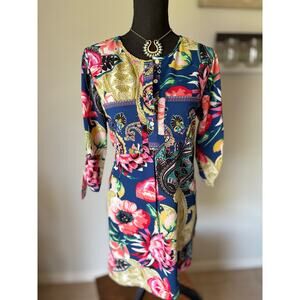 🌟Fig and Flower Multicolor Floral/Paisley 3/4 Sleeve W/tie Tunic Dress
